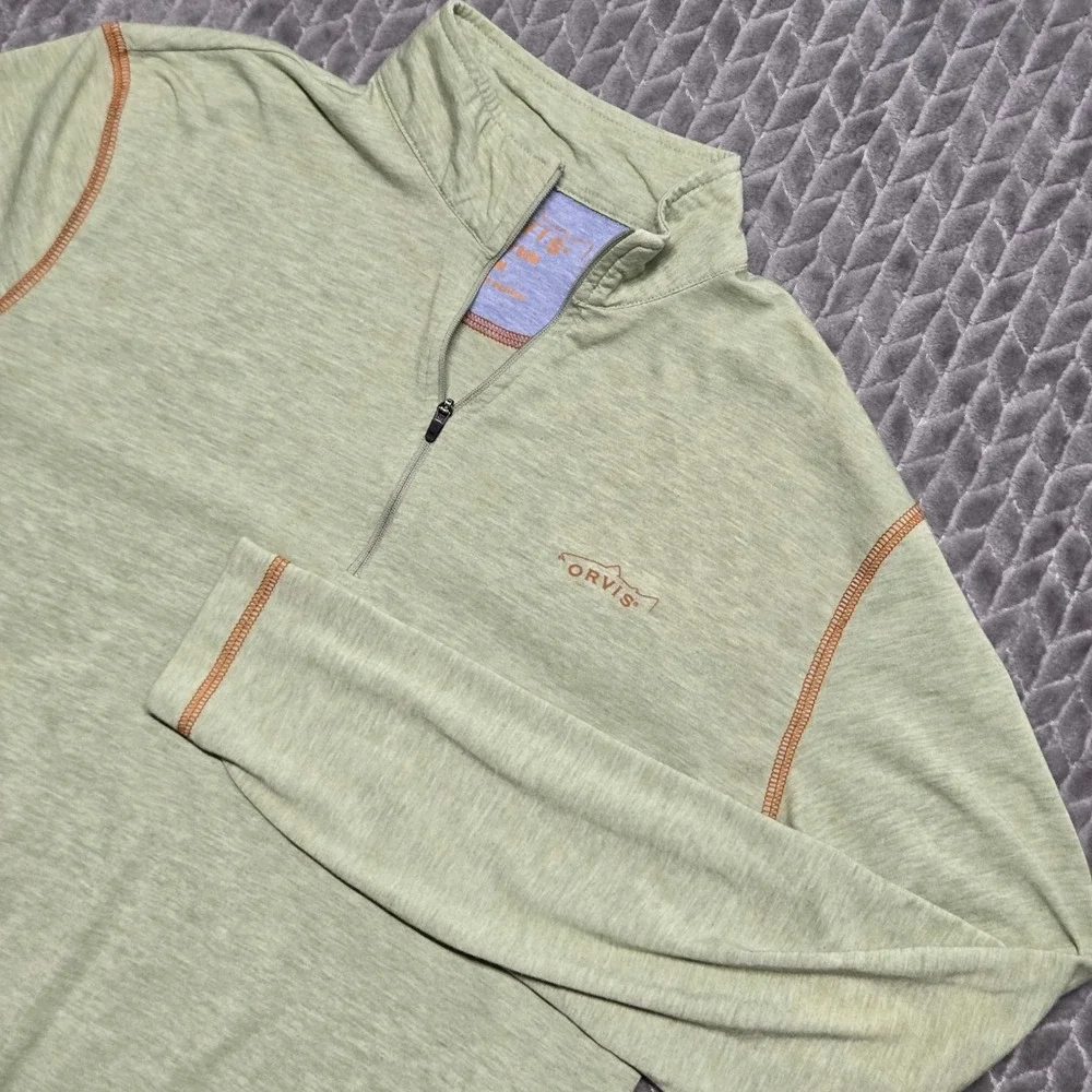 Orvis Trout Bum Mens Medium Green Heather 1/4 Zip Pullover Fish 1R47 Trout Logo